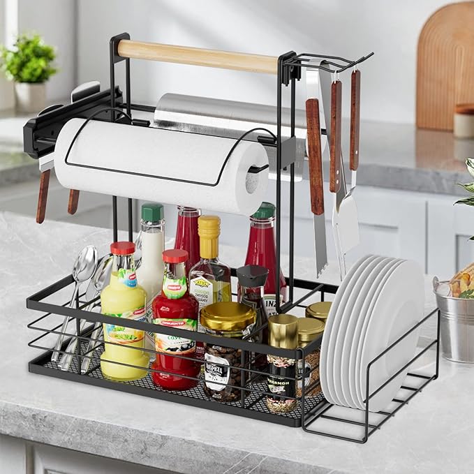 Grill Caddy with Magnetic Tool & Paper Towel Holders, Picnic Utensil Condiment Caddy, Barbecue Grill Tool Organizer for Outdoor Camping, Cooking, Camper