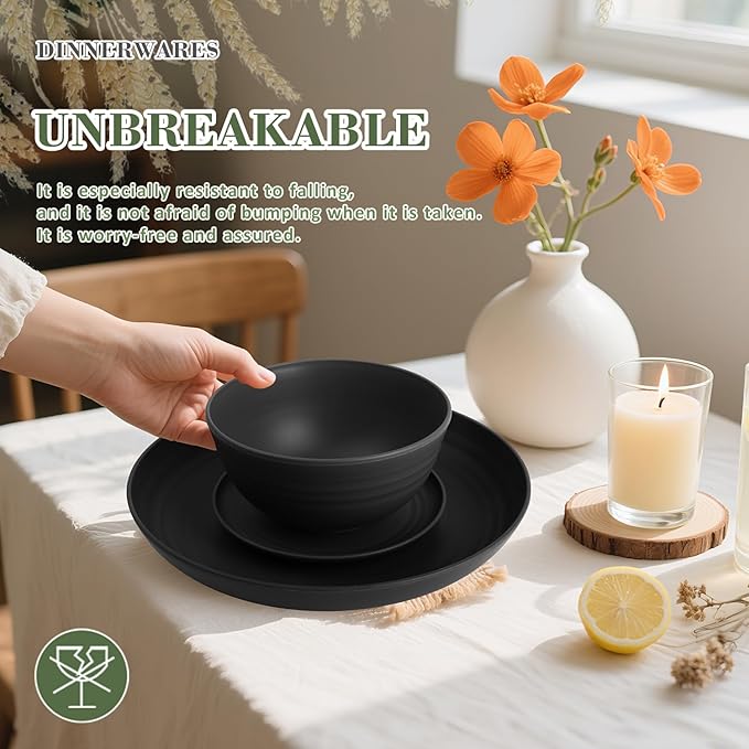 Wrova 32-piece Kitchen Alternative Melamine Wheat Straw Dinnerware Sets,Unbreakbale Dishwasher Safe Kitchen Bowls and Plates Sets with Cups,Apartment Essential Dishes Set for 8.Black Series