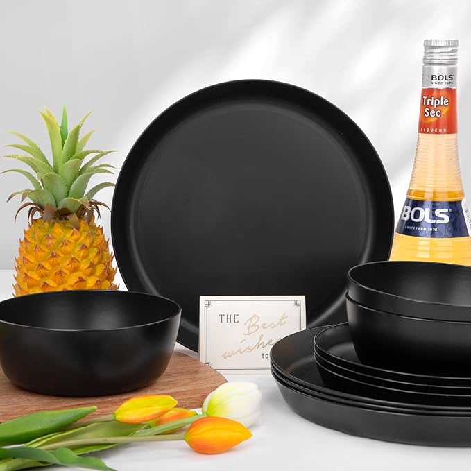 EI 12pcs Wheat Straw Dinnerware Set of 4,Plates and Bowls Sets,Plastic Plate Reuasble Unbreakable,Heavy Duty Plastic Plates for Camping,Picninc,Family Dinner