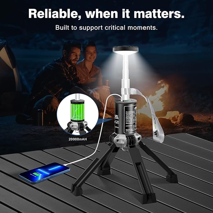 MTRVR Premium Telescopic Camping Lantern – 20000mAh Rechargeable LED Outdoor Light, IP44 Water-Resistant, Aluminum Telescopic Pole & Foldable Tripod – 21H Long-Lasting Emergency, RV & Camping Lighting