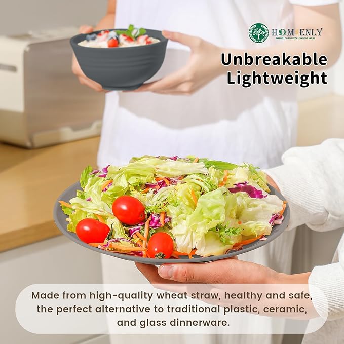 Homienly Wheat Straw Plates and Bowls Set, Lightweight & Unbreakable Dinnerware Set for Kitchen, Parties, Holidays, Microwave and Dishwasher Safe Dish Set - Plate Sets, Bowls, Cups, 24pcs (Grey Stone)