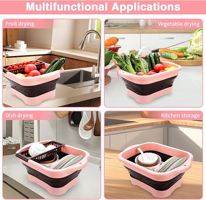 Collapsible Dish Basin with Drain Plug and Portable Sink, 11L(2.91 Gallon) Collapsible Bucket with Sink. Foldable Wash Basin for Station Campin/Camping/Rv/Kitchen (Pink)