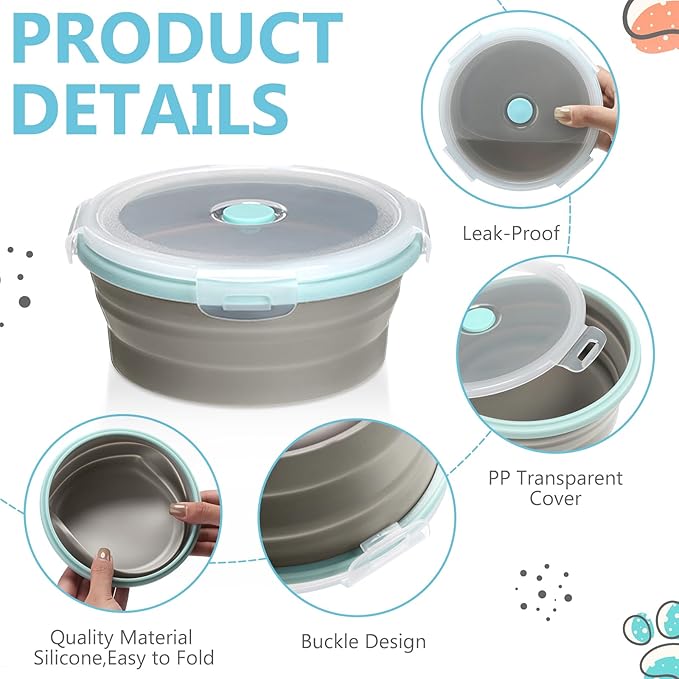 Suclain 4 Pcs Collapsible Bowls with Lids Silicone Camping Food Storage Container Expandable Folding Salad Lunch Box Travel Container for Hiking Camping