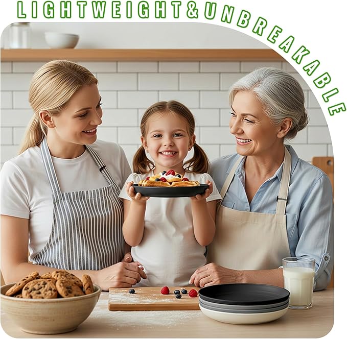 8 Inch Small Plates Set of 6, Wheat Straw Unbreakable Deep Plates, Reusable Plastic Plate for Appetizer, Microwave Dishwasher Safe Salad Plate, Ideal for Family, Camping, RV, Grey Stone