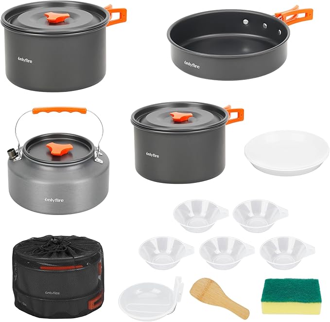 ONLYFIRE OUTDOOR LIVING15pcs Camping Cookware Set, Lightweight Nonstick Pots, Pan, Kettle, Utensils, Bowls, and Cleaning Tool with Mesh Bag for Camping Hiking Backpacking RV Tailgating Cooking, CT605
