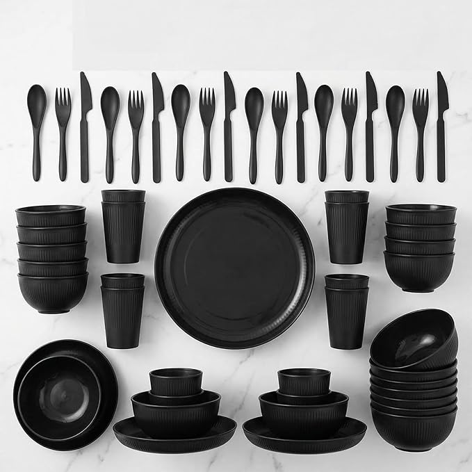 36 Pcs Wheat Straw Dinnerware Set,Dinnerware Sets for 6,Large Round Plates, Bowls and Cups, Unbreakable dish set, Dishwasher and Microwave Safe, Outdoor Camping Dishes (Black)