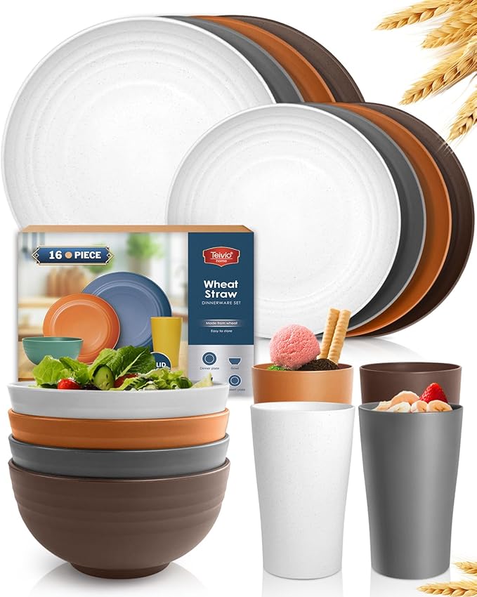 Teivio 16-Piece Kitchen Plastic Wheat Straw Dinnerware Set, Service for 4, Dinner Plates, Dessert Plate, Cereal Bowls, Cups, Unbreakable Plastic Outdoor Camping Dishes, Farmhouse