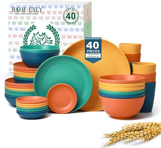 Homienly 40-Piece Unbreakable Wheat Straw Dinnerwave Sets Plates and Bowls Sets for Kitchen, RV, Dorm, Lightweight Camping Dishes Set, Service for 8, Microwave and Dishwasher Safe Dish Sets (Multi)