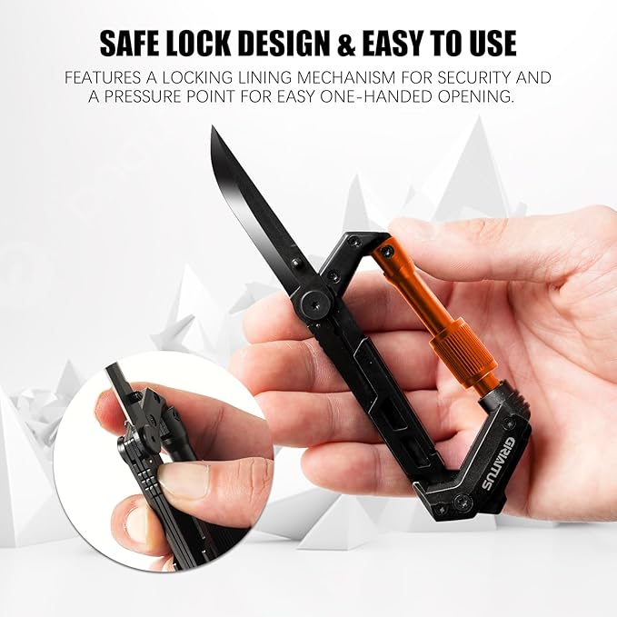 Carabiner Multitool with Pocket Knives, EDC Carabiners, Serrated Knife, Rope Cutter, Screwdriver, Can Bottle Opener, Ruler, Folding Knife for Camping Hiking, Multitool Survival Gear (Orange)