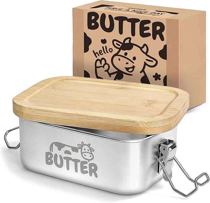 Stainless Steel Butter Dish with Lid, Airtight Cow Butter Keeper for Refrigerator & Countertop, Kitchen, Camping & Travel,Fits East Coast Butter (Small)