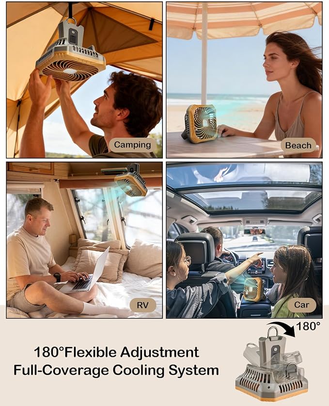 Odoland Portable Camping Fan with LED Lantern, 40H Rechargeable Battery Operated Quiet Tent Fan with Hanging Hook for RV Car Beach Outdoor Hurricane Emergency Outages