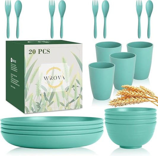 Wrova Wheat Straw Dinnerware Sets of 20,Dishwasher Safe Kitchen Plates and Bowls Sets,Camping Dishes Sets Contains Dinner Plates,Cereal Bowls,Drinking Cups and Flatware.(Green)