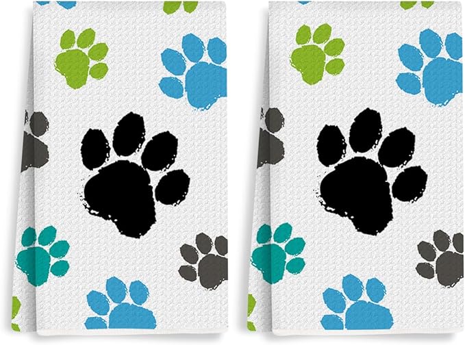 2PCS Cute Dog Paws Kitchen Towels, Dog Mom Gifts for Women Reusable Absorbent Waffle Weave Dish Tea Towels for Kitchen Bathroom Decor, Hand Towels, Dogs Gifts for Dogs Lovers