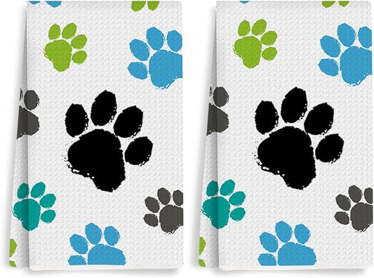 2PCS Cute Dog Paws Kitchen Towels, Dog Mom Gifts for Women Reusable Absorbent Waffle Weave Dish Tea Towels for Kitchen Bathroom Decor, Hand Towels, Dogs Gifts for Dogs Lovers