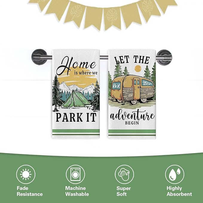 Camping RV Kitchen Dish Towels Set of 2, Let The Adventure Begin Camper Tent Drying Hand Towel Baking Cooking Cloth, Farmhouse Forest Mountain Sun Campsite Home Decoration 18 x 26 Inches