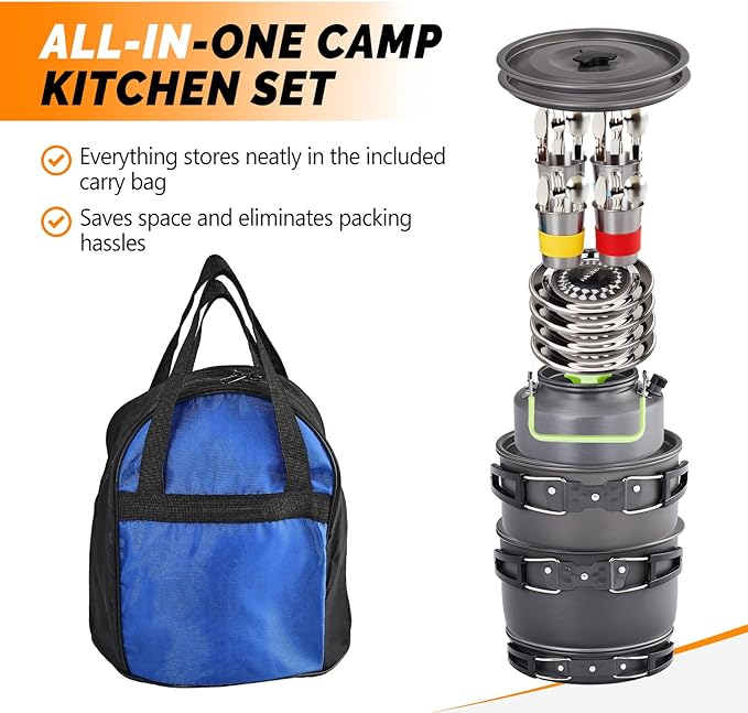ROVSUN 34/10/6 pcs Camping Cookware Mess Kit, Lightweight Non-Stick Camping Cooking Pot and Pan Set with Stainless Steel Camping Gear Kettle Cup for Open Fire, Backpacking, Outdoor Cooking