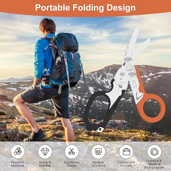 Lemasa6 in 1 6 in 1 trauma shears, Folding Retractable Emergency Shears, Outdoor Camping Tools, Seat Belt Cutter, Oxygen Cylinder Wrench, Complimentary Adjustable Wrench (Black Orange)