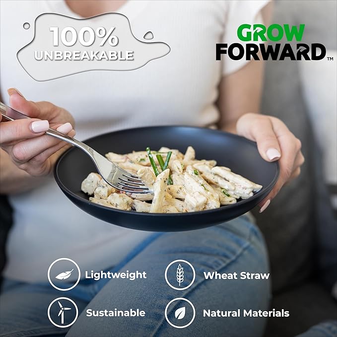 Grow Forward Premium Wheat Straw Pasta Bowls - 30oz Unbreakable Wide & Shallow Dinner Plate Bowls Set of 6 - Microwave Safe Reusable Plastic Pasta Bowls for Kids, Adults, Salad, Camping, RV - Midnight