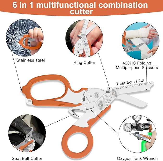 6-in-1 Heavy-Duty Emergency,trauma shears, Folding Retractable Emergency Shears, Outdoor Camping Tools, Seat Belt Cutter, Oxygen Cylinder Wrench, Complimentary Adjustable Wrench (orange)