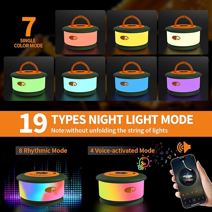 TOHETO Camping String Lights, 3 in 1 Upgraded Retractable RGB Outdoor Tent Lights with 19 Modes, Quick 30s Recovery, 32.8 FT Portable, Rechargeable Camping Lantern (Green & Orange)