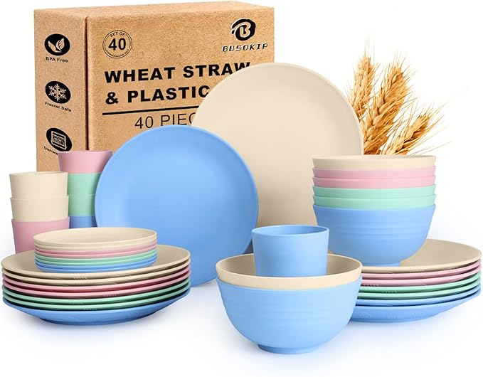 40 PCS Wheat Straw Dinnerware Sets | Service for 8, Unbreakable Plates and Bowls Sets - Dinner Plate, Cereal Bowl, Drinking Cups, Dishwasher & Microwave Safe for Kitchen, Camping,RV - Colorful