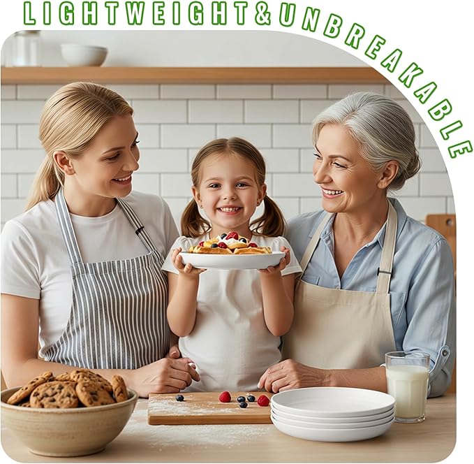 Wheat Straw Dinner Plates 8 Inch Set of 6, Unbreakable Reusable Plastic Plates, Microwave and Dishwasher Safe Small Deep Plates for Appetizer, Kids, Breakfast, Camping, White