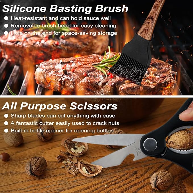 POLIGO 29 PCS BBQ Grill Accessories Stainless Steel BBQ Tools Grilling Tools Set with Storage Bag for Fathers Day Dads Birthday Presents - Camping Grill Utensils Set Ideal Grilling Gifts for Men Brown