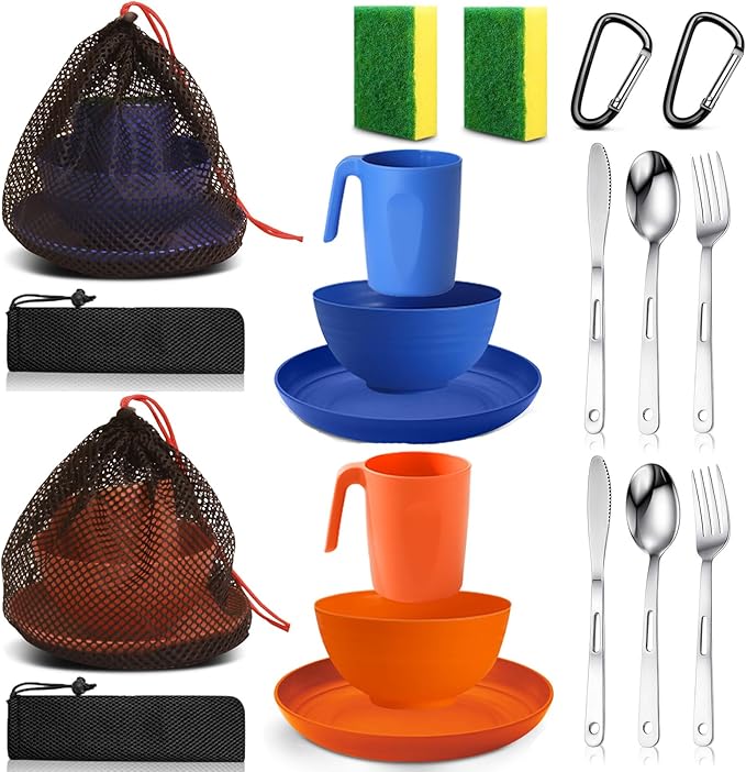 Scout Camping Mess Kit for Person Boy Scout Dishes Set Girl Scout Mess Kit with Mesh Bag Reusable Light Weight Eating Utensils Plastic Camping Cutlery Set for Travel Camp