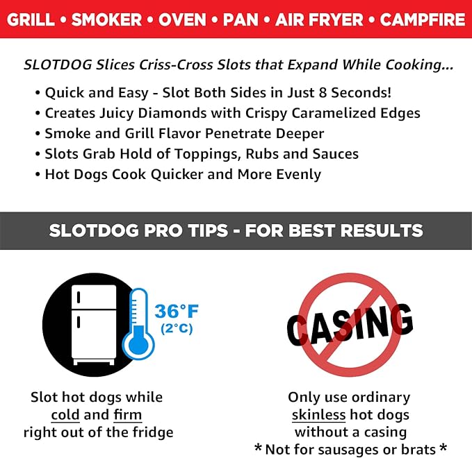 SLOTDOG - Hot Dog Slicing Tool - Stainless Steel Cutter Blades for Kitchen, Grilling, Tailgating, Camping and Backyard Outdoor BBQ - 10 inch - Red
