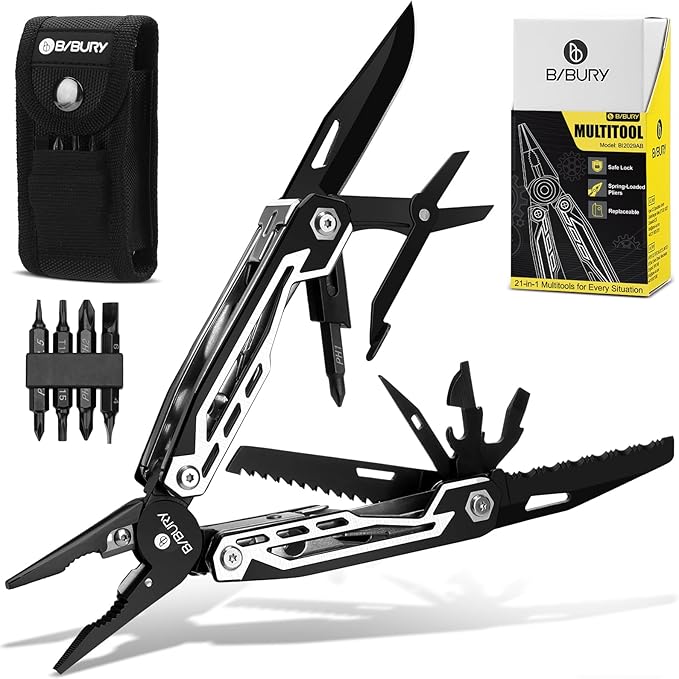 BIBURY Multitool, 21-in-1 Stainless Steel Pocket Knife with Scissors, Self-locking Multi Tool Pliers with Sheath for Outdoor, Survival, Camping, Home Repair, Gadgets for men Gifts for Men