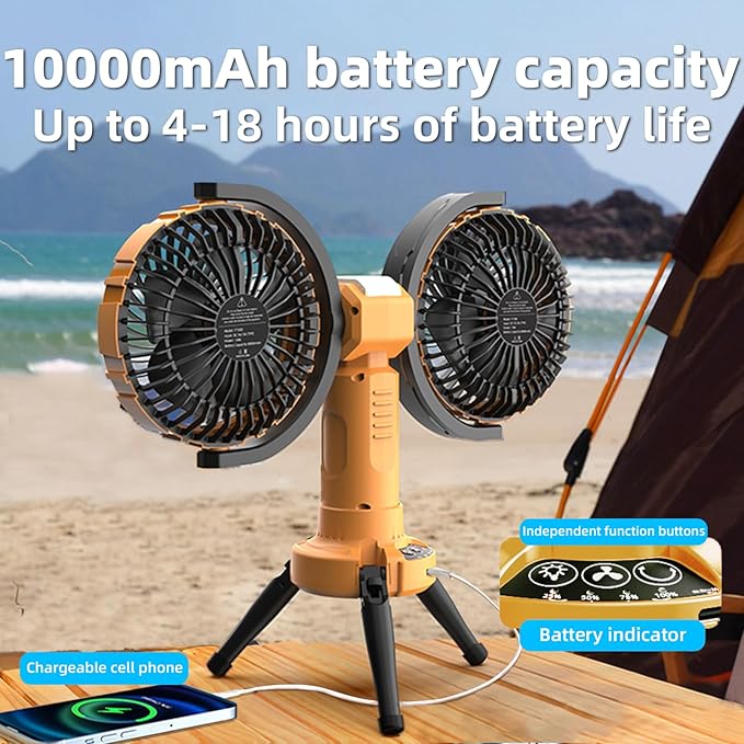 Camping Fan with Light,10000mAh Rechargeable Battery Powered Tent Ceiling Cooler Fans,270° Oscillating 360°Rotation Portable Camping Essentials Gear for Outdoor Canopy,Travel,Fishing(Orange)
