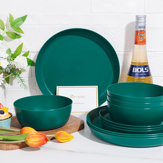 EI 12pcs Dark Green Wheat Straw Plates,Plate and Bowls Sets,Wheat Straw Dinnerware Set,Unbreakabl Plastic Plates Reusable,eMelamine Dinnerware Sets