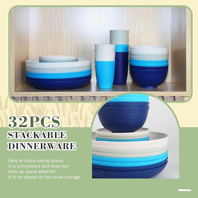 Wrova Wheat Straw Dinnerware Set of 32,Unbreakable Dinner Plates and Bowls Dishes Sets Service for 8,Dishwasher Safe Dinnerware Sets for Kitchen and Camping.Island Series