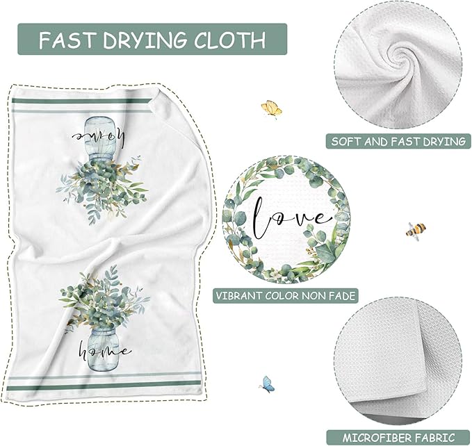 Green Eucalyptus Leaf Kitchen Towels, 4 Pack Love Sweet Home Quotes Eucalyptus Wreath Tea Dish Towels, Absorbent Drying Cloth Tea Towels for Cooking Baking,16×24IN (Green Leaves Towels)