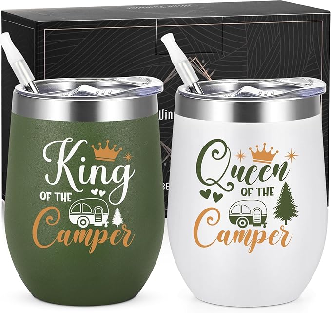 Lifecapido Camping Gifts, Queen of The Camper and King of The Camper 12oz Wine Tumblers Set, Camper Gifts Holiday Gifts Birthday Gifts Christmas Gifts for Capmer (2 Pack, White and Army Green)