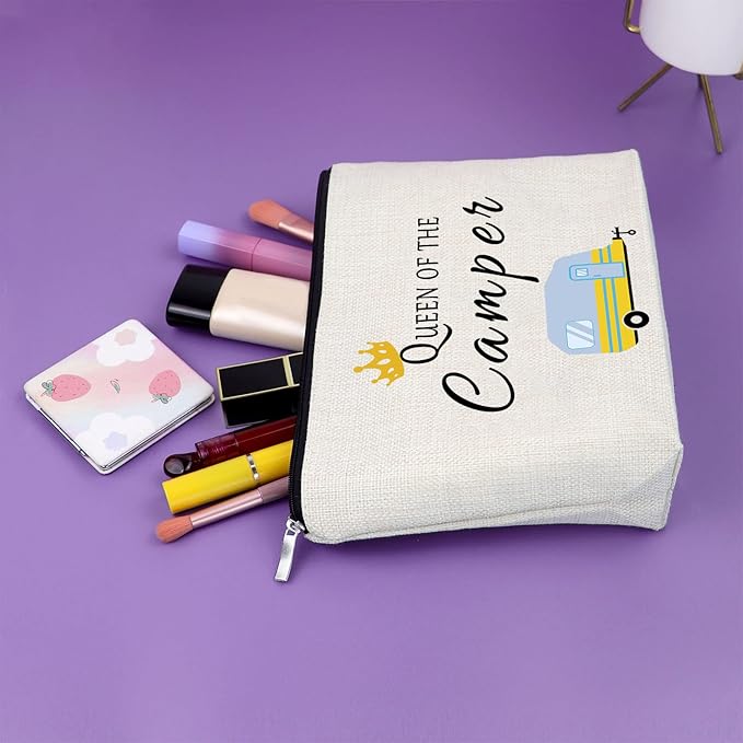 Sazuwu Happy Camper Gift Makeup Bags Camping Lover Gifts for Women Friend Cosmetic Bag Family Vacation Gift Ideas Mother's Day Gift Cute Motorhome Outdoor Gifts Birthday Christmas Gifts Travel Bag