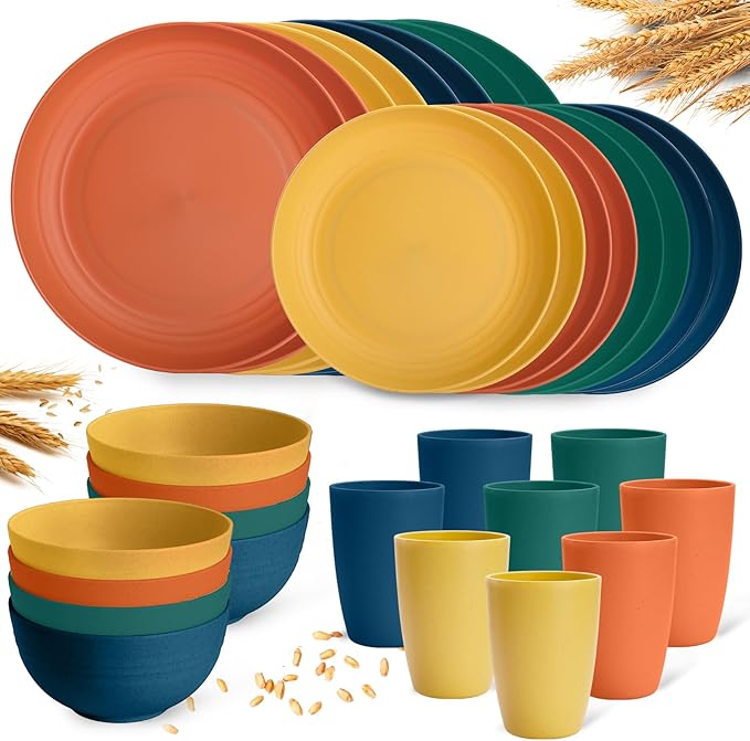 Wheat Straw Dinnerware Sets, Unbreakable Plates and Bowls Sets for 8, Reusable Plastic Plates and Bowls, 32Pcs Dishwasher Microwave Safe Plastic Dishes, Kitchen RV Camping Outdoor