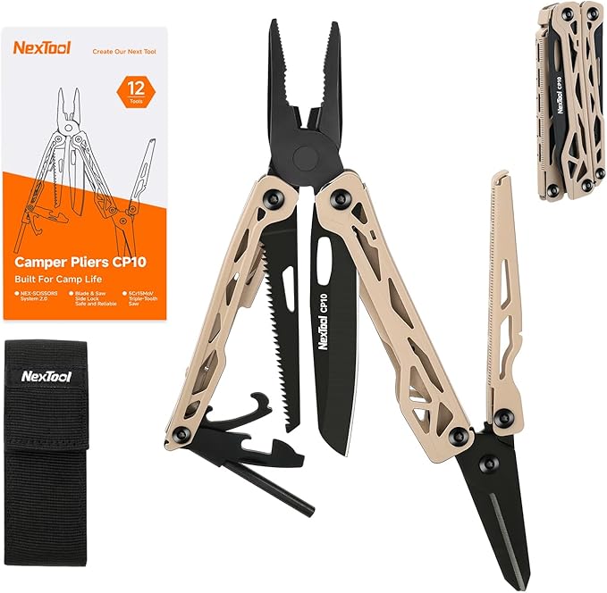 NexTool Camper CP10 Multitool，12-in-1 Multi tool with Scissors, Fire Starter, Tent Stake Puller, Locking Knife & Saw – EDC Gear for Outdoor, Hiking, Backpacking，Gifts for Men
