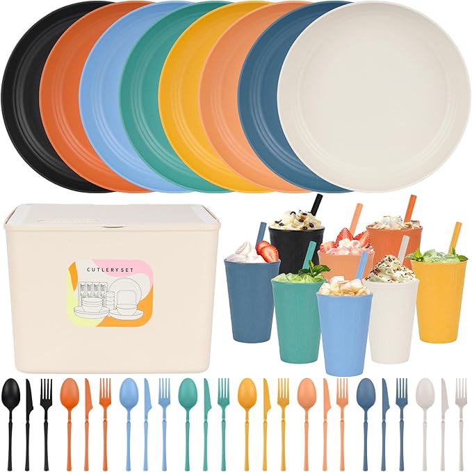 49pcs Dinnerware Sets for 8 People, Unbreakable Plates Sets, Reusable Storage Box, Travel Camping Picnic Home Party Cutlery Set, Dishwasher Microwave Safe Dishes