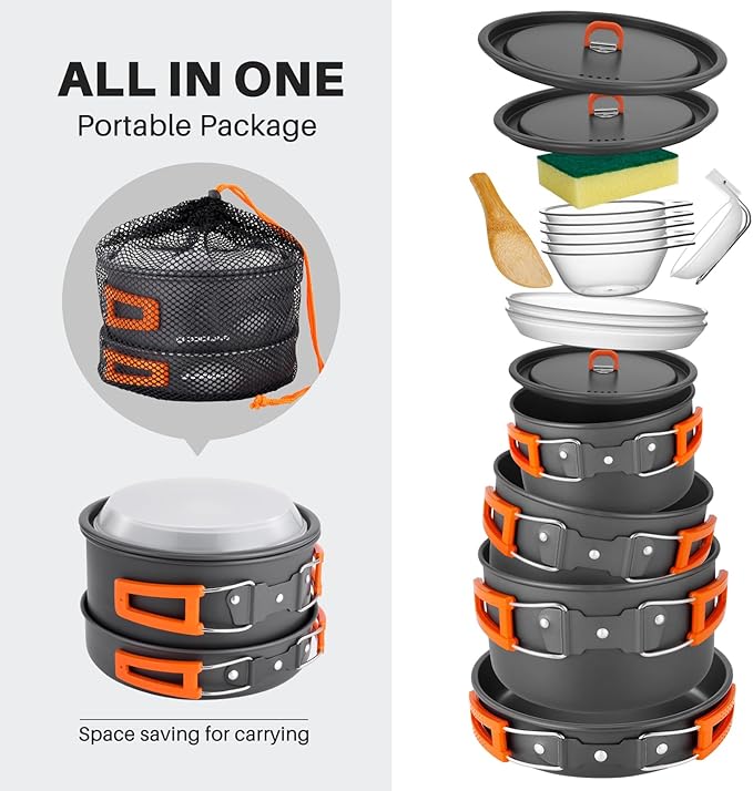 Odoland 15pcs Camping Cookware Non-Stick Lightweight Camping Pots and Pans Set with Kettle Plastic Plates Bowls Soup Spoon for Camping, Backpacking, Outdoor Cooking and Picnic