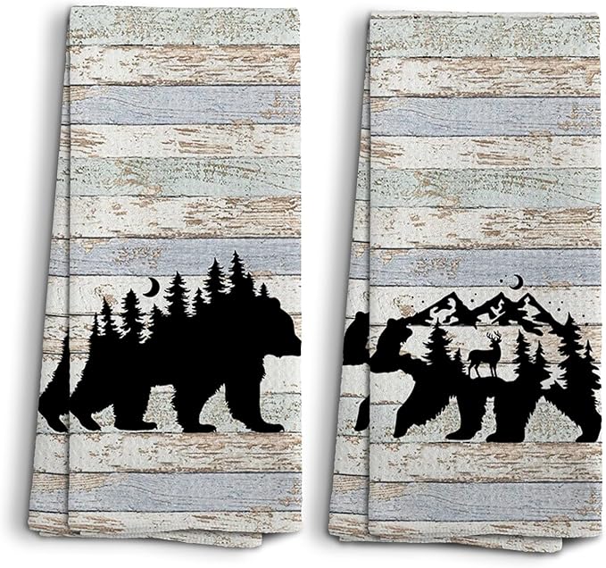Wild Animal Kitchen Towels, Camping Gifts, Bear Dish Towel, Rustic Forest Bathroom Decor, Art Prints, Gifts for Friends Women Men, Set of 2, 16x24