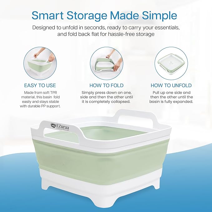 EZuraa 2.4gal(9L) Green Collapsible Dish Basin, Portable Sink or Dish Pan for Kitchen Sink with Drain Plug/Strainer, Space Saving Baby Bottle Wash Basin Collapsible Bucket, Beverage Tub for Camping