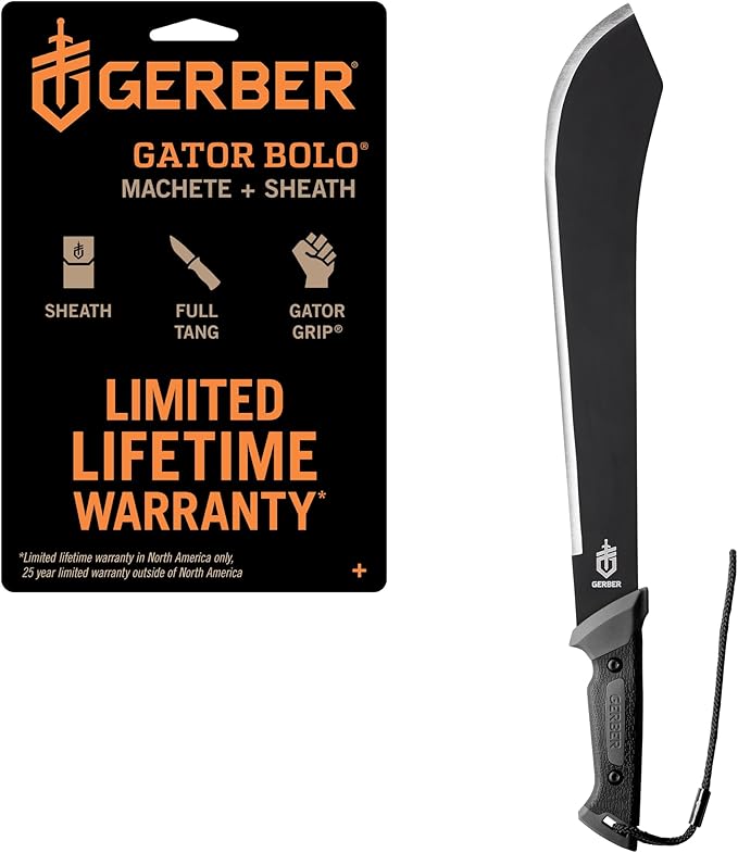 Gerber Gear Gator Bolo Machete 22" / 15.5" for Camping, Hunting, and Gardening, Full Tang Knife with Plain Edge, Gator Grip and Protective Sheath with Belt Loop and D-ring Attachments, Stainless Steel