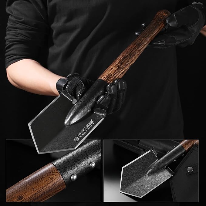 MASTIFF GEARS Tactical Survival Shovel - 43cm/17in, Axe/Machete Replacement, HRC 42-48 1050 Steel Spade, Hand-Carbonized Hardwood Handle & MOLLE Sheath for Camping Hiking Off-Roading Emergency