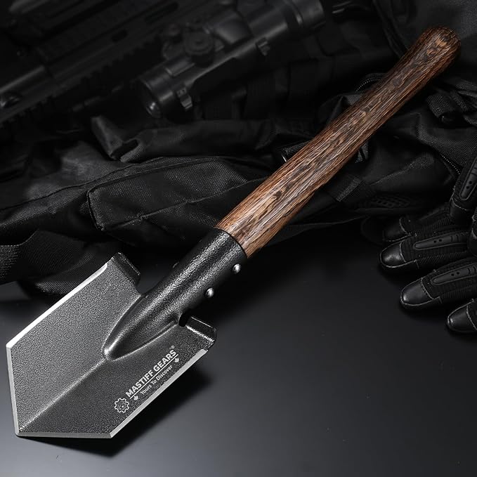 MASTIFF GEARS Tactical Survival Shovel - 43cm/17in, Axe/Machete Replacement, HRC 42-48 1050 Steel Spade, Hand-Carbonized Hardwood Handle & MOLLE Sheath for Camping Hiking Off-Roading Emergency