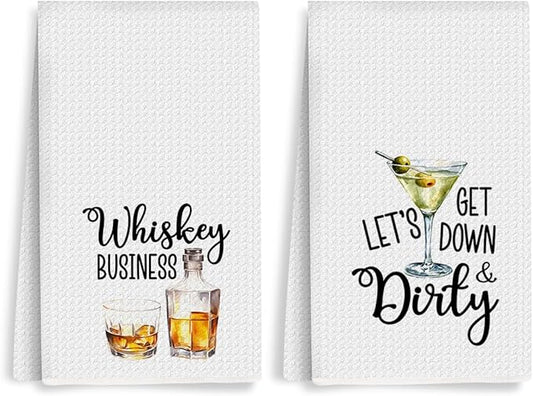 2Pcs Funny Kitchen Towels 24x14 Inch, Whiskey Dirty Alcohol Decor Waffle Weave Hand Towels for Kitchen Bar, White Absorbent Microfiber Dish Cloth Tea Towel Housewarming Gifts for Women Hostess