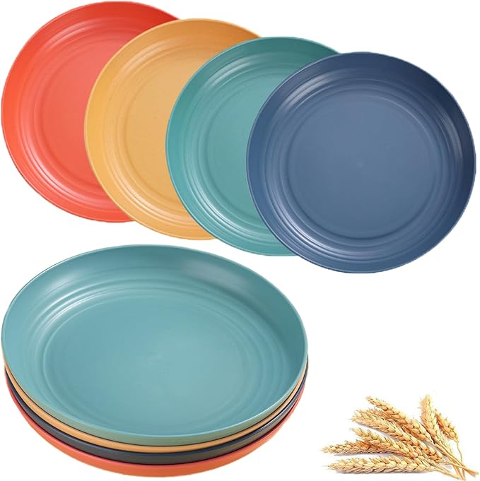 Wheat Straw Plates Set of 4, Unbreakable 8 Inch Reusable Dinner & Salad Plates, Dishwasher & Microwave Safe, Lightweight for Camping/Kitchen