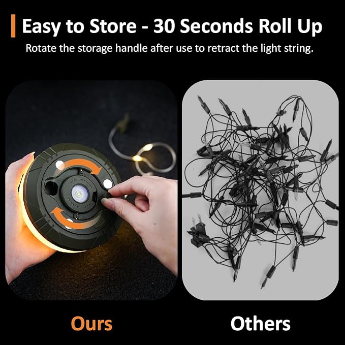 Camping String Lights, 4 in 1 Portable Camping Light Rechargeable, 8 Lighting Modes, USB Charging, Quick Storage, 32.8FT Waterproof Tent Lights String for Camping, Hiking, Yard, Christmas