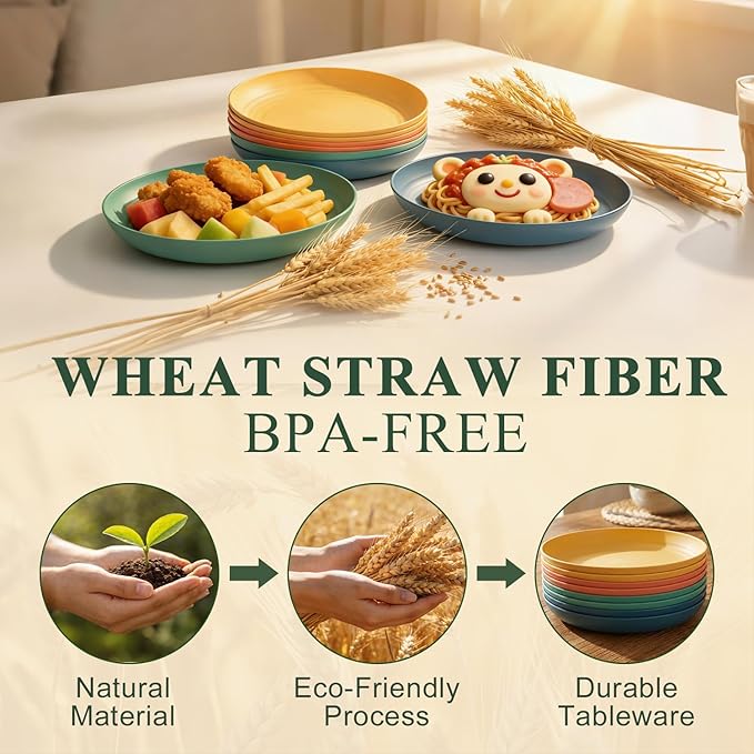 Wheat Straw Plate 8 Inch, Unbreakable Dinner Plates Sets for 8, Plastic Plates Reusable, Microwave and Dishwasher Safe Kitchen Plate for Cake, Dessert, Side Salad - Multi