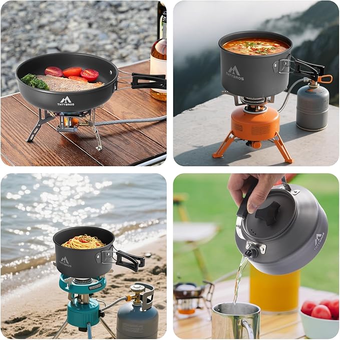 THTYBROS 27pcs Camping Cookware Mess Kit for 2-4 People, Portable Cookware Set with Kettle, Pots & Pans, Stainless Steel Utensils, Plates, Dishware for Backpacking, Picnic, Outdoor Adventures